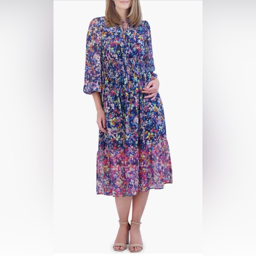 Eliza J Blue Floral Long Sleeve Dress